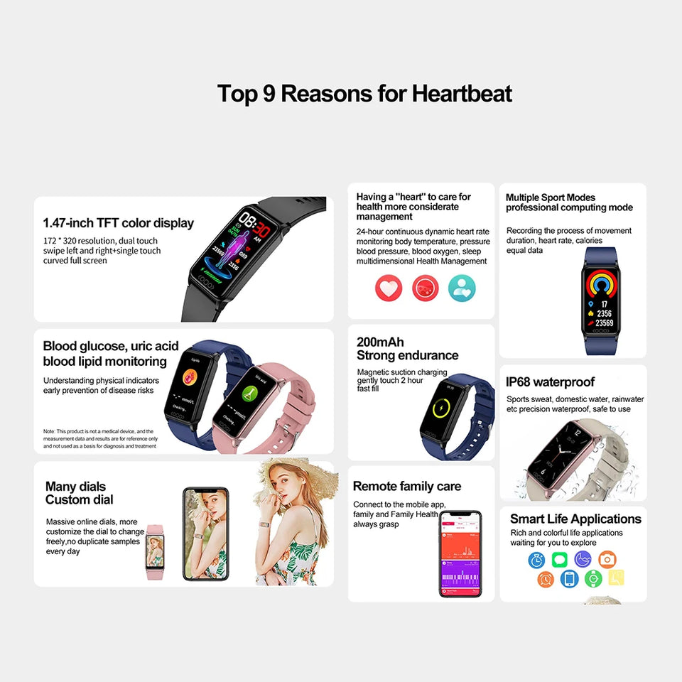 TK71pro Smart Watches For Men Women 1.47" Screen Fitness Tracker Heart Rate Blood Glucose Monitor IP68 Waterproof Smartwatch