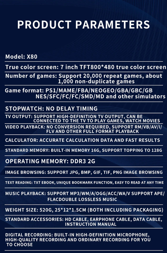 NEW X80 Portable Game Console 7-inch HD Large Screen Arcade PS1 Emulator Multi-function Nostalgia Classic PSP Handheld Game