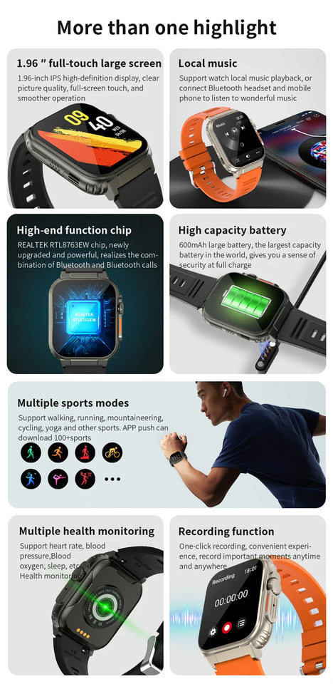 3ATM Waterproof AMOLED Bluetooth Call Smart Watch Men 600Mah Large Battery 100+ Sport GPS Fitness tracker Smartwatch Man 2024NEW
