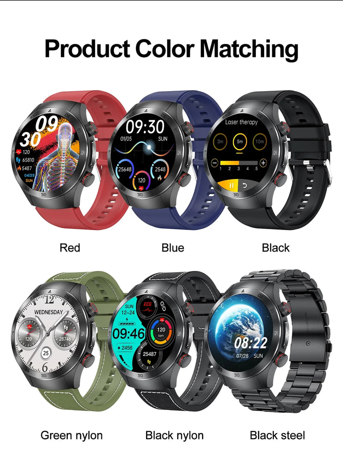 2024 New Non-invasive Blood glucose Smart Watch Blood pressure Blood lipids Uric acid AMOLED HD Screen Laser therapy Smartwatch