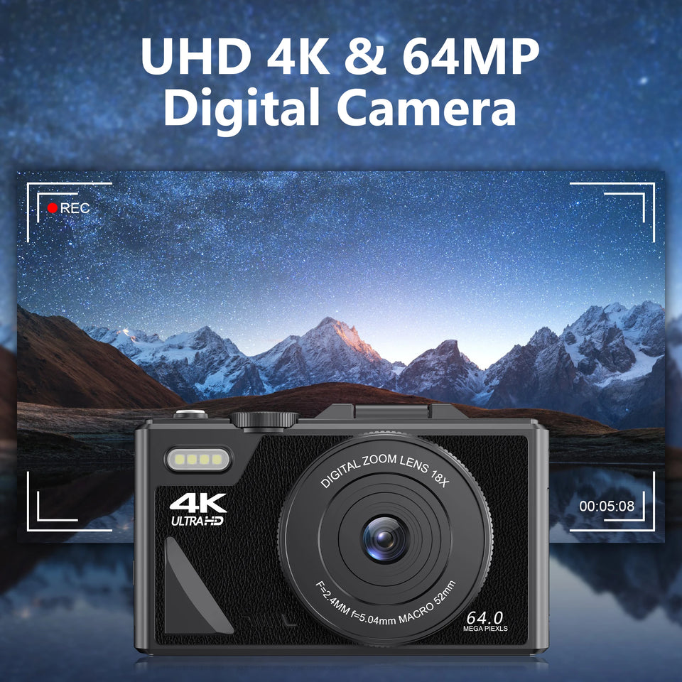 64MP Digital Photo Camera for Photography 4K Video Vlog Camcorder YouTube Webcam Cameras 18X Digital Zoom Camera 3" Flip Screen