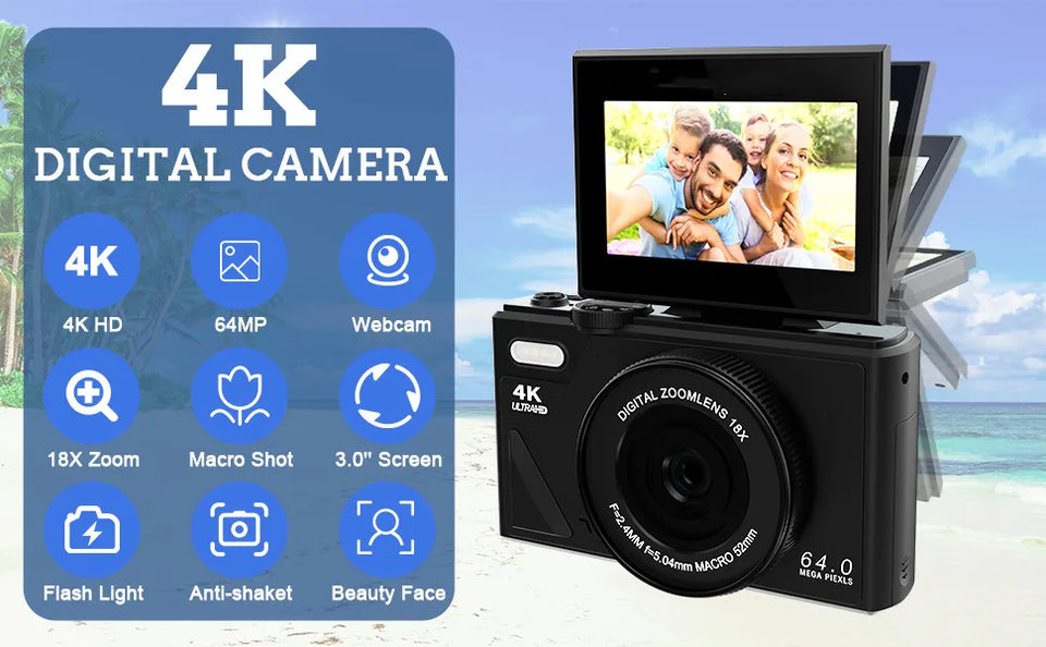64MP Digital Photo Camera for Photography 4K Video Vlog Camcorder YouTube Webcam Cameras 18X Digital Zoom Camera 3" Flip Screen