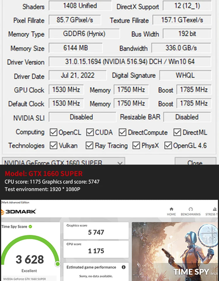 GTX 1660 Super 6GB Graphics Card Support Gaming Desktop GTX 1660Super GPU GDDR6 192bit HDMI*1 PCI-E Video Card