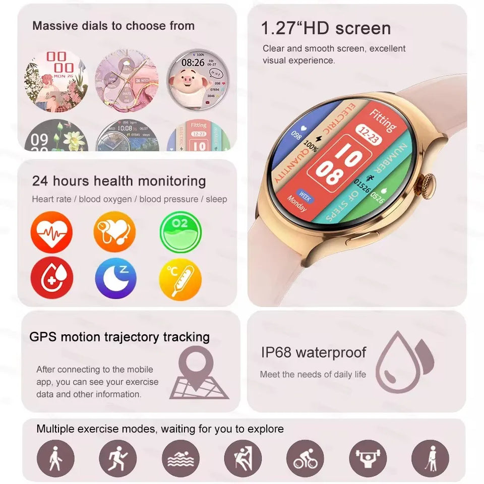 For Huawei IOS Xiaomi Gold Fashion Smart Watch Women GPS Sport Trajectory Heart Rate NFC Bluetooth Call Waterproof Smartwatches