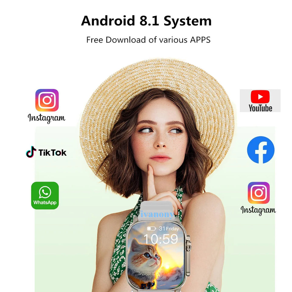 Smart Watch 4G S9 Ultra Android System WIFI GPS Rotary 180° Camera Play Store SIM Card Tiktok Youtube Whatsapp Reply Smartwatch