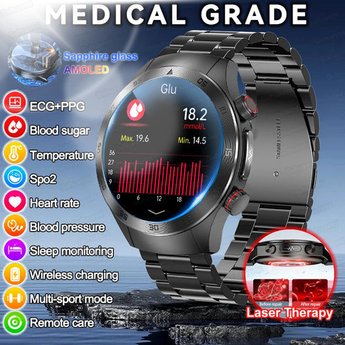 Laser Treatment Three High Smart Watch ECG Blood Glucose Smartwatch Body Temperature Bluetooth Call Clock 2024 New Medical Grade