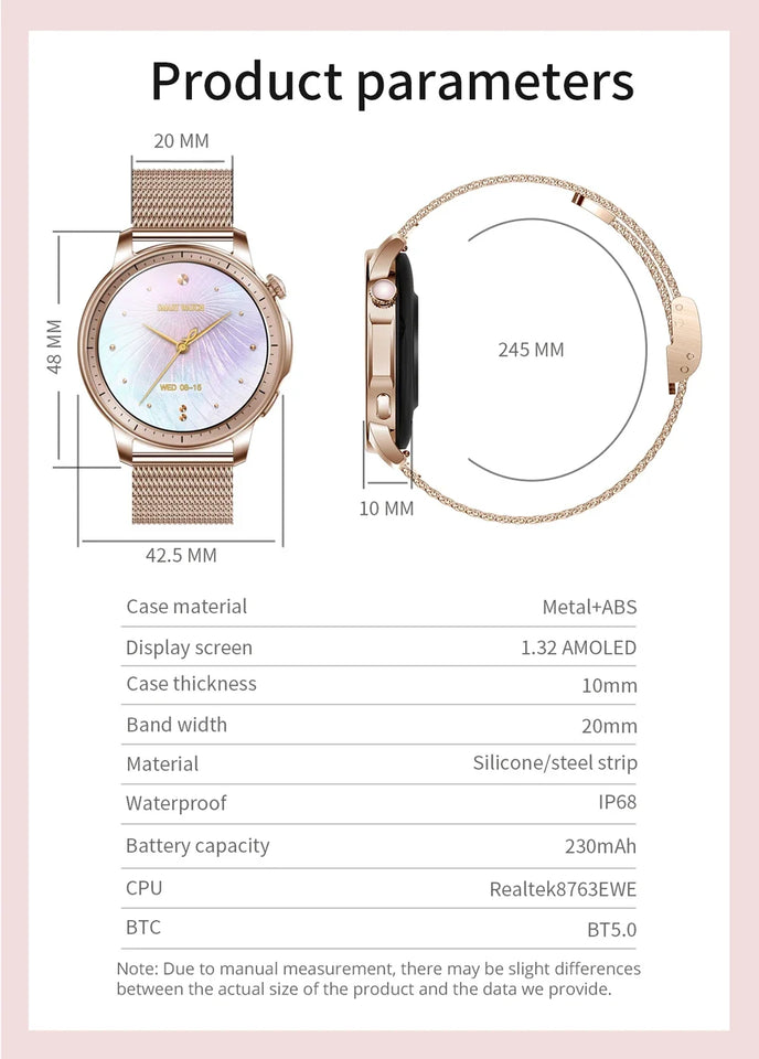 V65 Smartwatch Women 1.32 inch AMOLED Bluetooth Call Smart Watch Custom Dial Watches Heart Rate Tracker For Android iOS Watches