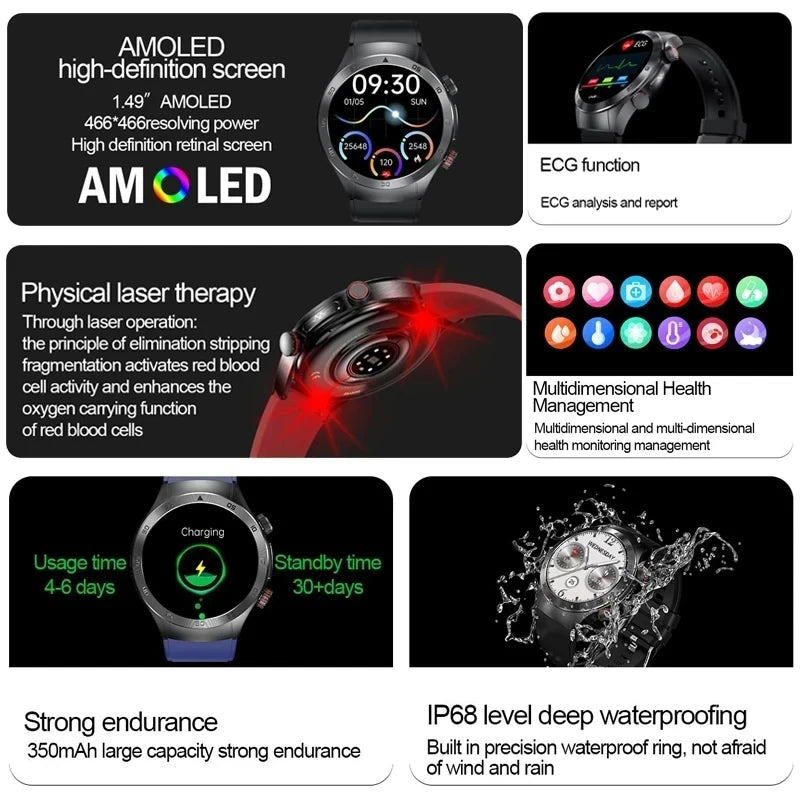 2024 New Non-invasive Blood glucose Smart Watch Blood pressure Blood lipids Uric acid AMOLED HD Screen Laser therapy Smartwatch