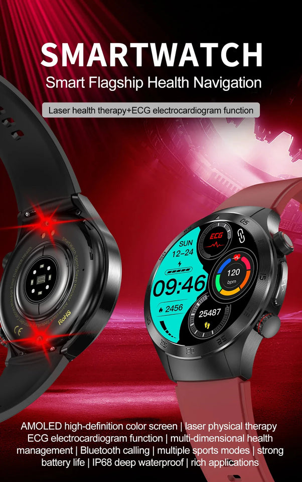 2024 New Non-invasive Blood glucose Smart Watch Blood pressure Blood lipids Uric acid AMOLED HD Screen Laser therapy Smartwatch