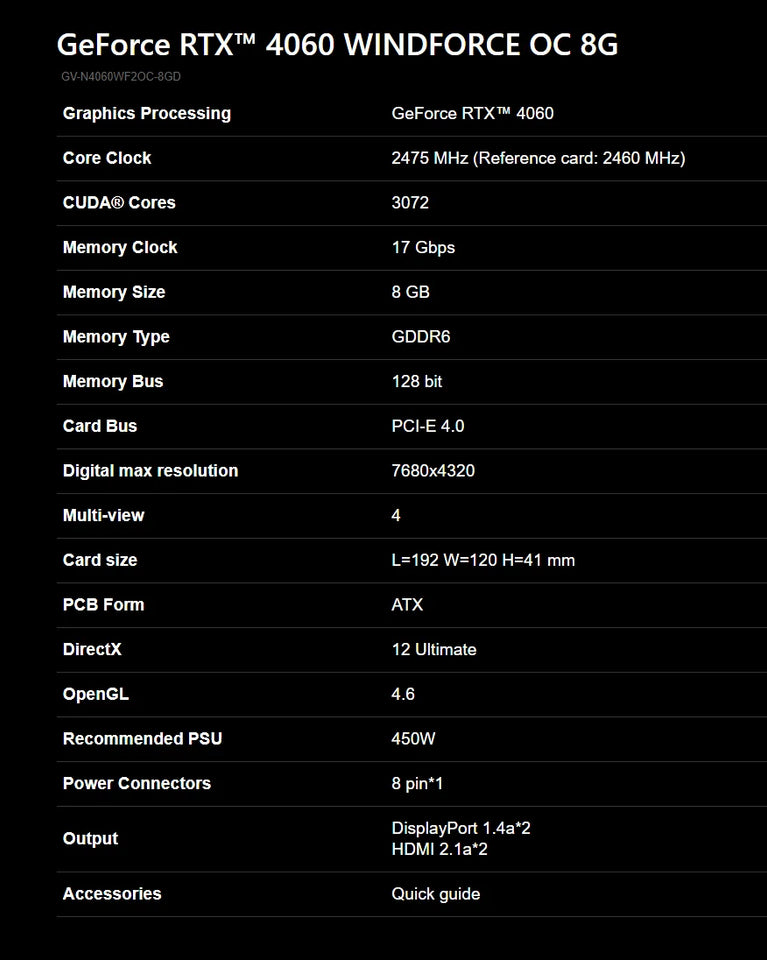 GIGABYTE GeForce RTX 4060 WINDFORCE OC 8G 2023 Gaming New Graphic Card GDDR6 RTX4060 8G Nvidia GPU Video Cards 8Pin 128 Bit
