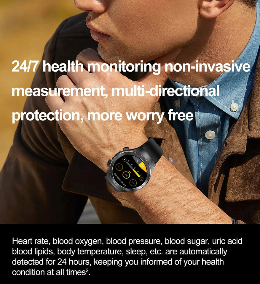 2024 New Non-invasive Blood glucose Smart Watch Blood pressure Blood lipids Uric acid AMOLED HD Screen Laser therapy Smartwatch