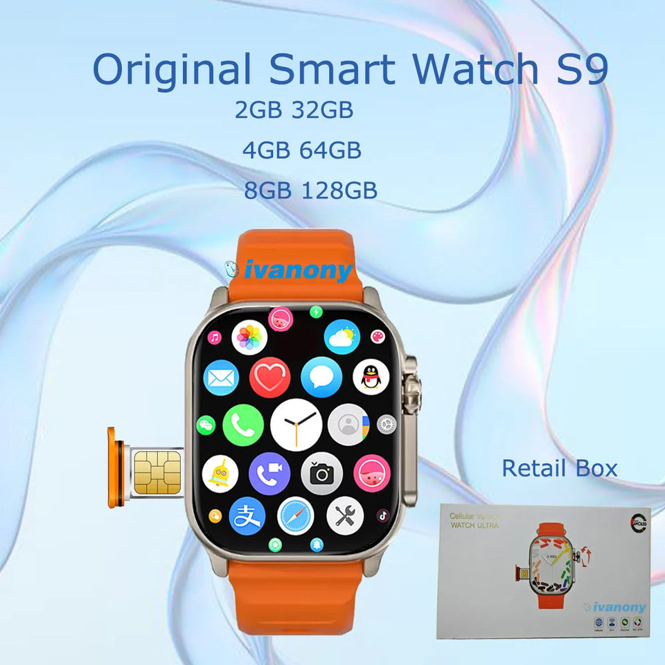 Smart Watch 4G S9 Ultra Android System WIFI GPS Rotary 180° Camera Play Store SIM Card Tiktok Youtube Whatsapp Reply Smartwatch