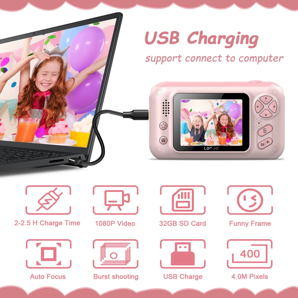 New Kids Camera 1080P Handheld 2.4 Inch HD Screen Childrens Digital Camera Video Recorder Toys for Kids Baby Girl Birthday Gift