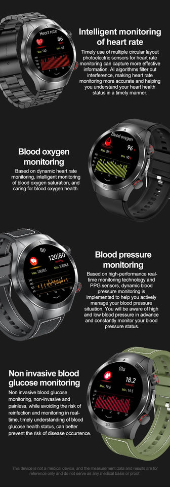 2024 New Non-invasive Blood glucose Smart Watch Blood pressure Blood lipids Uric acid AMOLED HD Screen Laser therapy Smartwatch