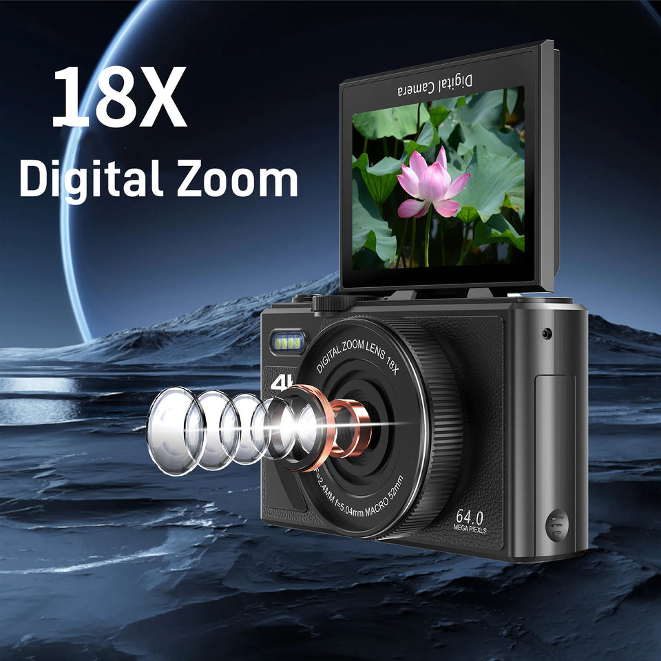64MP Digital Photo Camera for Photography 4K Video Vlog Camcorder YouTube Webcam Cameras 18X Digital Zoom Camera 3" Flip Screen